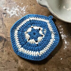 Vintage Crochet Hot Pad Trivet, Handmade Blue and White Potholder, Retro Kitchen